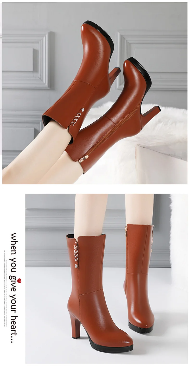 Women's Boots Autumn Winter Fashion  High Heel Round Toe Plush Soft Bottom Street Style Mid Calf Soft Leather Boots Office Mom