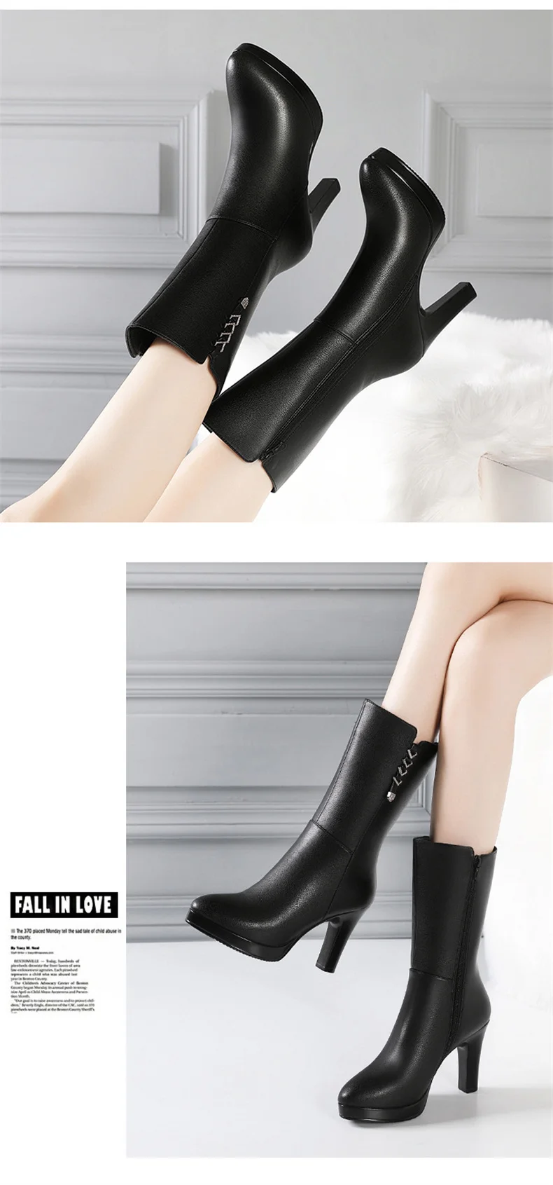 Women's Boots Autumn Winter Fashion  High Heel Round Toe Plush Soft Bottom Street Style Mid Calf Soft Leather Boots Office Mom