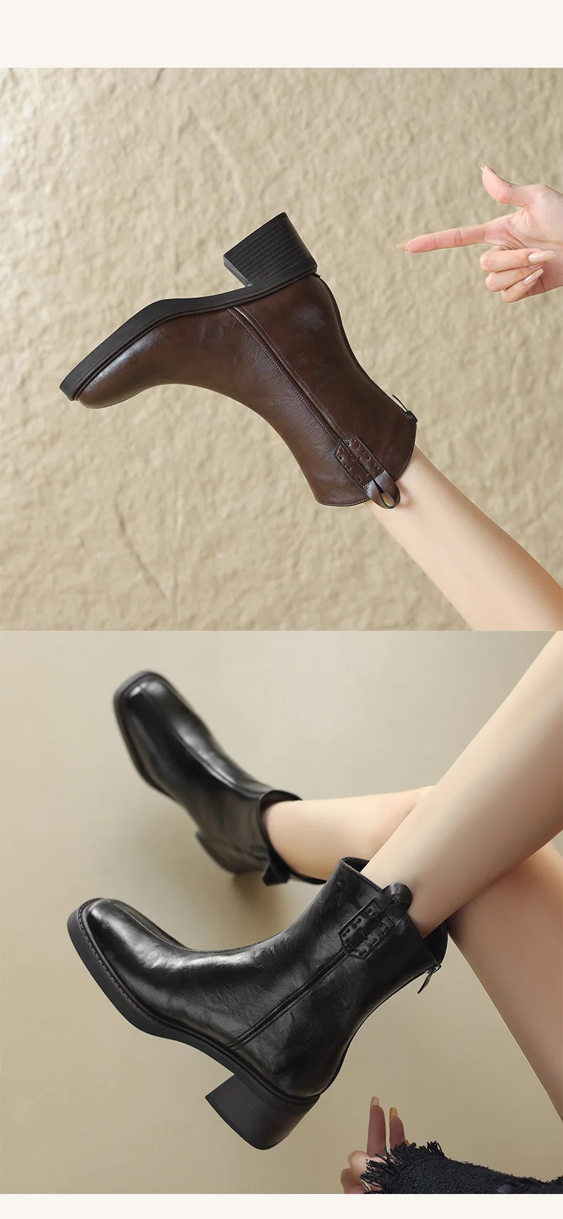 DRKANOL Real Cowhide Chelsea Boots Women Thick High Heel Natural Wool Warm Boots Street Style Retro Back Zipper Mid Calf Boots