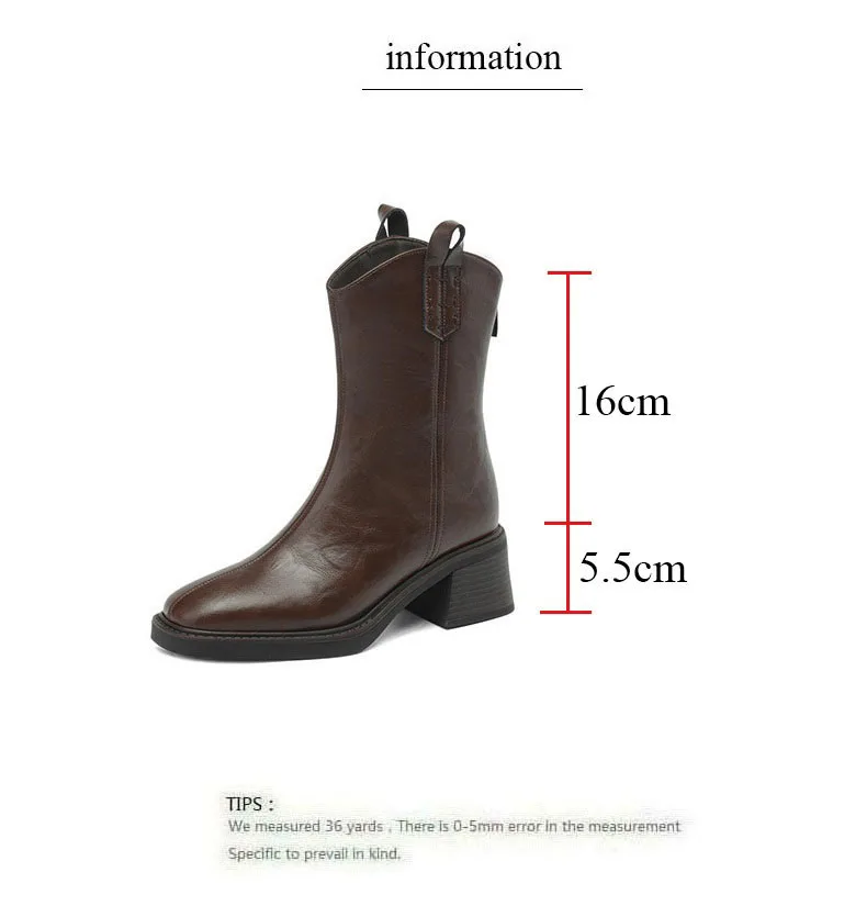 DRKANOL Real Cowhide Chelsea Boots Women Thick High Heel Natural Wool Warm Boots Street Style Retro Back Zipper Mid Calf Boots