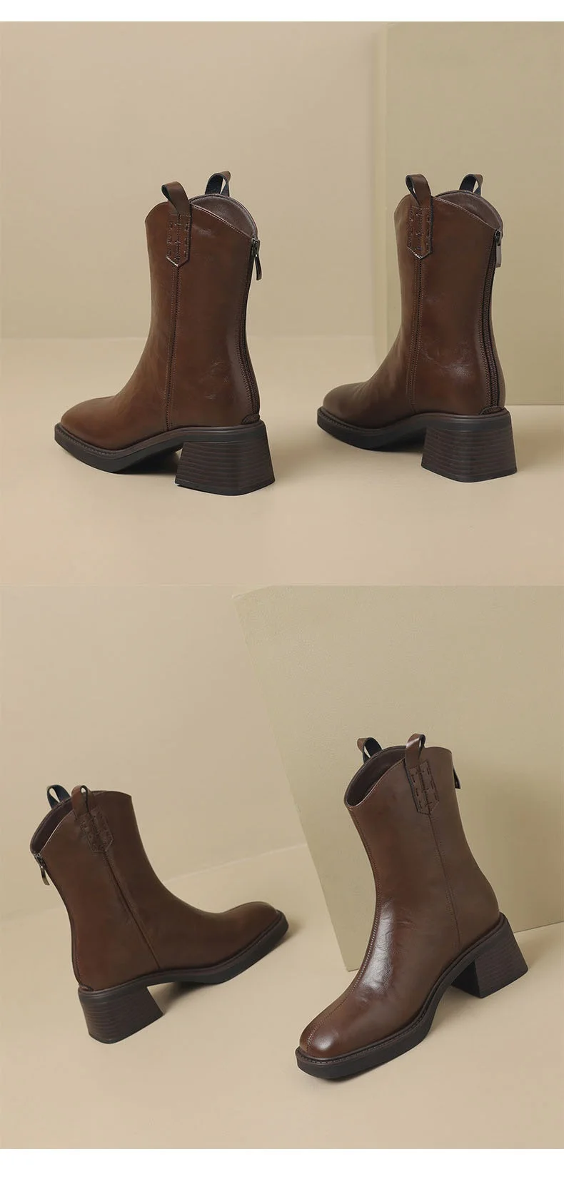 DRKANOL Real Cowhide Chelsea Boots Women Thick High Heel Natural Wool Warm Boots Street Style Retro Back Zipper Mid Calf Boots