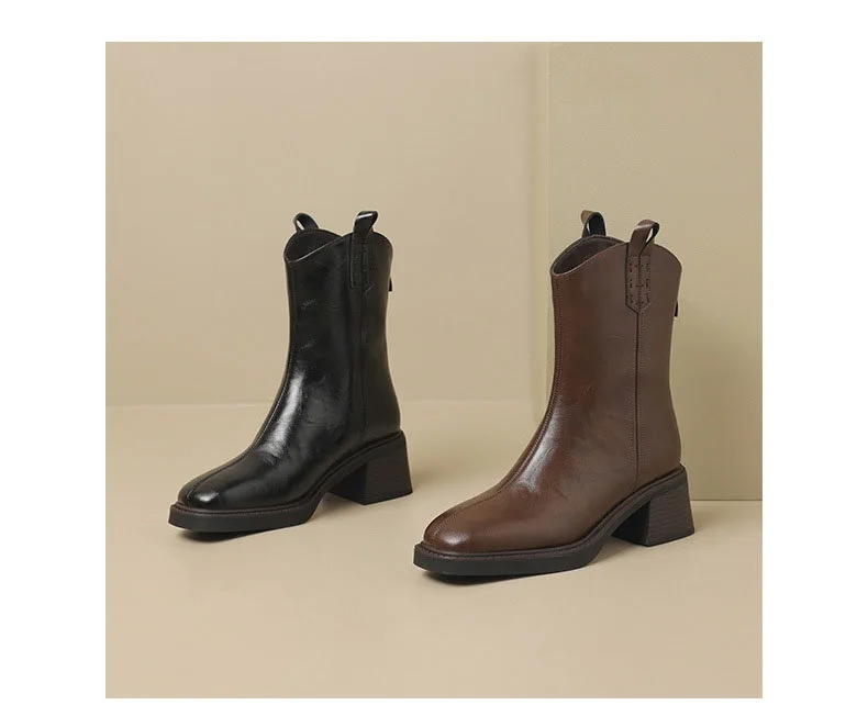 DRKANOL Real Cowhide Chelsea Boots Women Thick High Heel Natural Wool Warm Boots Street Style Retro Back Zipper Mid Calf Boots