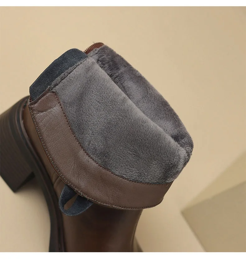 DRKANOL Real Cowhide Chelsea Boots Women Thick High Heel Natural Wool Warm Boots Street Style Retro Back Zipper Mid Calf Boots