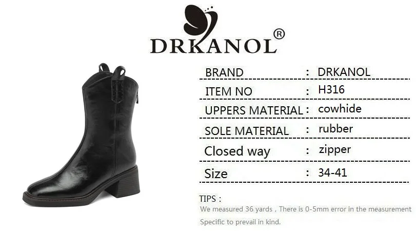 DRKANOL Real Cowhide Chelsea Boots Women Thick High Heel Natural Wool Warm Boots Street Style Retro Back Zipper Mid Calf Boots