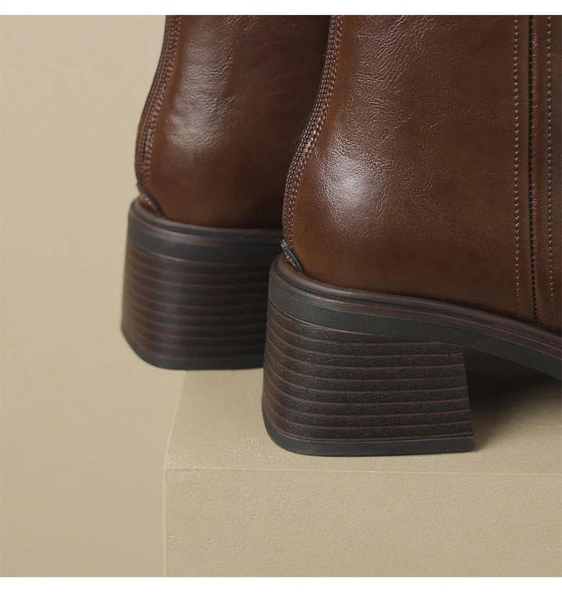 DRKANOL Real Cowhide Chelsea Boots Women Thick High Heel Natural Wool Warm Boots Street Style Retro Back Zipper Mid Calf Boots