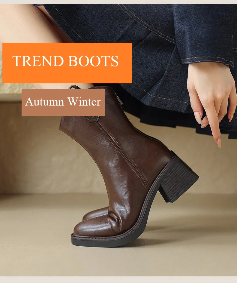 DRKANOL Real Cowhide Chelsea Boots Women Thick High Heel Natural Wool Warm Boots Street Style Retro Back Zipper Mid Calf Boots