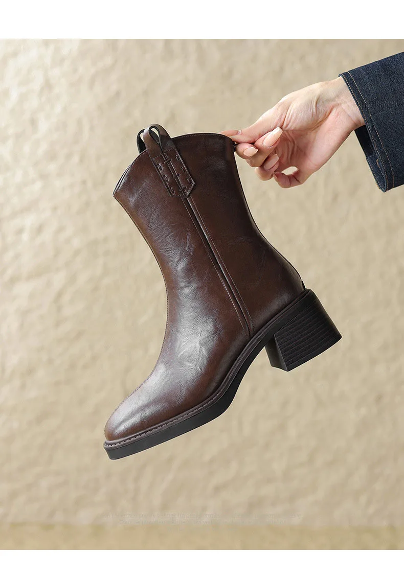 DRKANOL Real Cowhide Chelsea Boots Women Thick High Heel Natural Wool Warm Boots Street Style Retro Back Zipper Mid Calf Boots