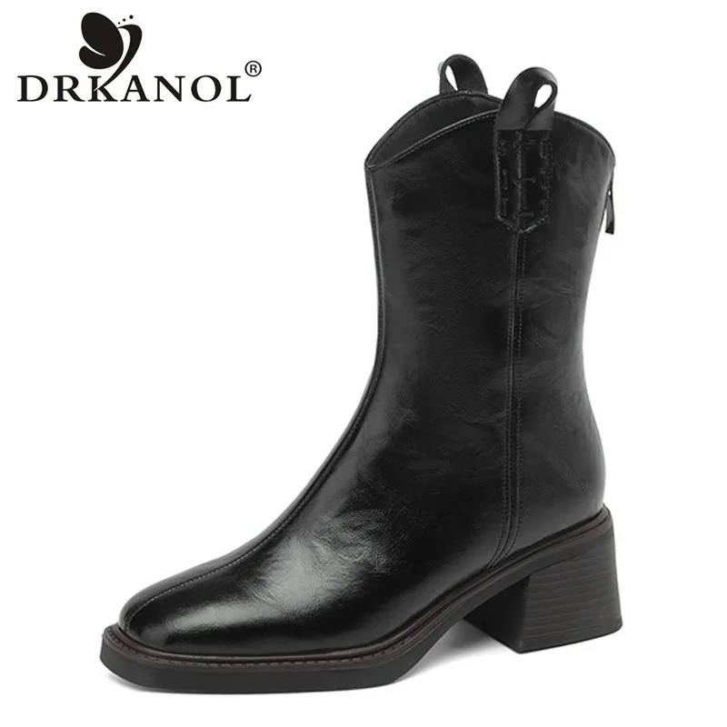 DRKANOL Real Cowhide Chelsea Boots Women Thick High Heel Natural Wool Warm Boots Street Style Retro Back Zipper Mid Calf Boots