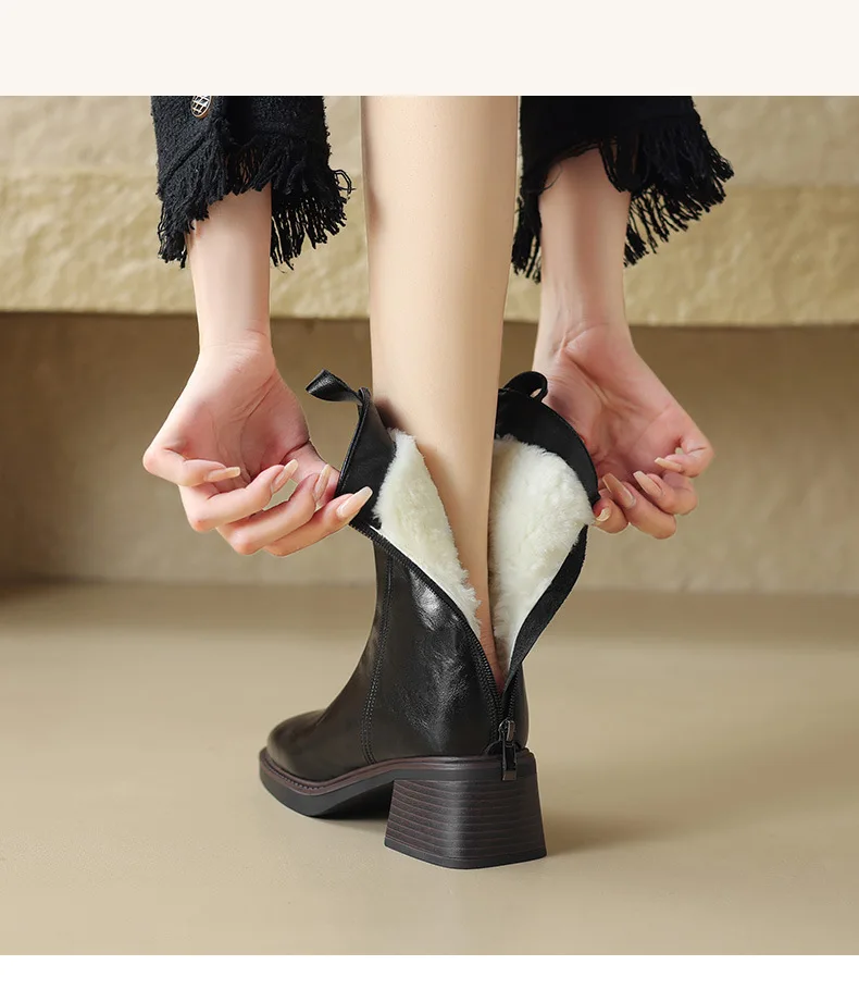 DRKANOL Real Cowhide Chelsea Boots Women Thick High Heel Natural Wool Warm Boots Street Style Retro Back Zipper Mid Calf Boots