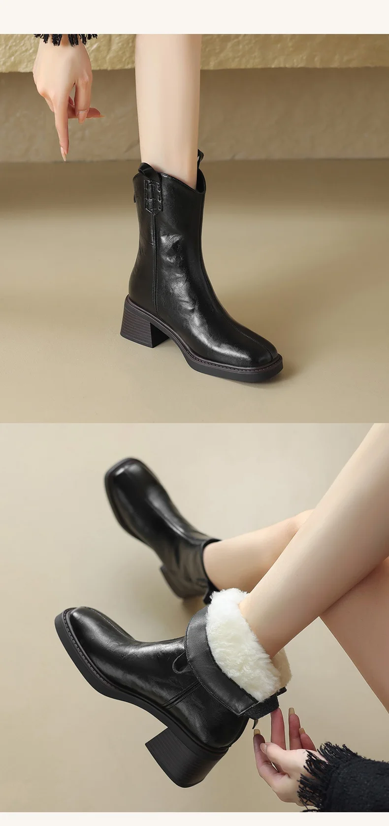 DRKANOL Real Cowhide Chelsea Boots Women Thick High Heel Natural Wool Warm Boots Street Style Retro Back Zipper Mid Calf Boots