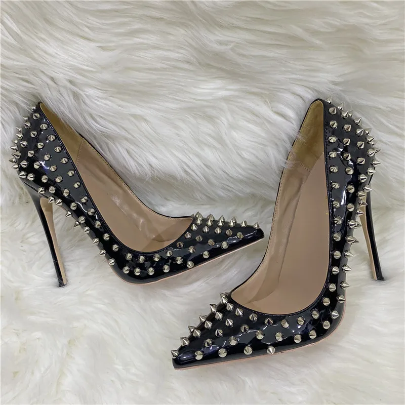Super Thin Heel 8 10 12CM Sexy All Spikes Rivets Women Pumps Pointed Toe Super High Heels Party Nightclub Fashion Shoes Size 46