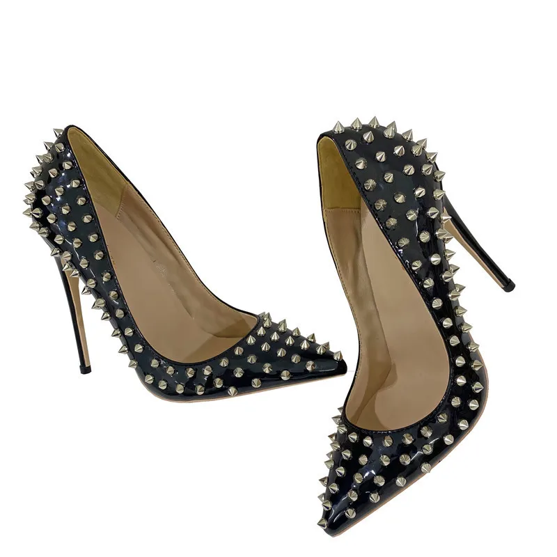 Super Thin Heel 8 10 12CM Sexy All Spikes Rivets Women Pumps Pointed Toe Super High Heels Party Nightclub Fashion Shoes Size 46