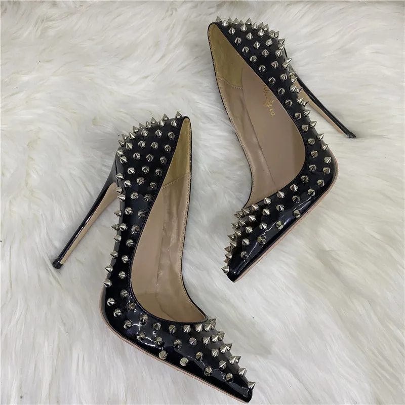 Super Thin Heel 8 10 12CM Sexy All Spikes Rivets Women Pumps Pointed Toe Super High Heels Party Nightclub Fashion Shoes Size 46