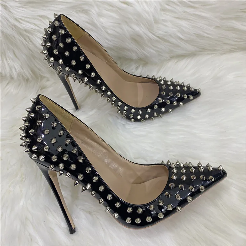 Super Thin Heel 8 10 12CM Sexy All Spikes Rivets Women Pumps Pointed Toe Super High Heels Party Nightclub Fashion Shoes Size 46