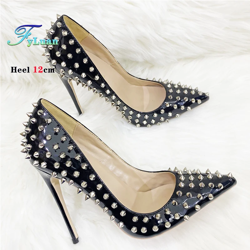 Super Thin Heel 8 10 12CM Sexy All Spikes Rivets Women Pumps Pointed Toe Super High Heels Party Nightclub Fashion Shoes Size 46