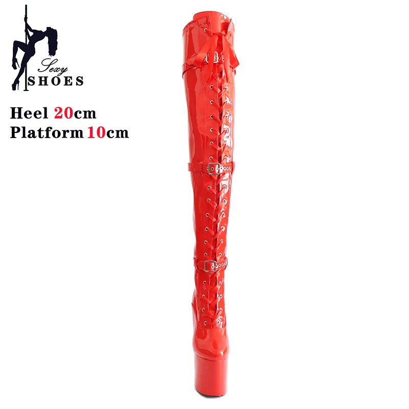 Women's Over-the-knee Boots 8inch/20CM High Heel Platform Exotic Pole Dancing Lace-Up Overknee Fetish Boots Size36-44 Black Shoe