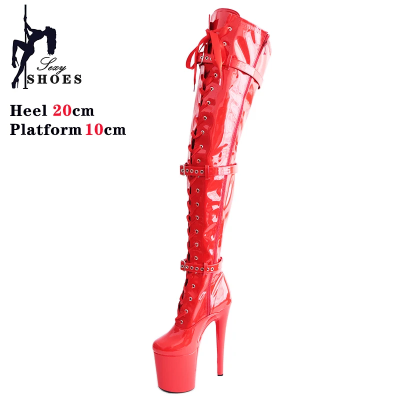 Women's Over-the-knee Boots 8inch/20CM High Heel Platform Exotic Pole Dancing Lace-Up Overknee Fetish Boots Size36-44 Black Shoe