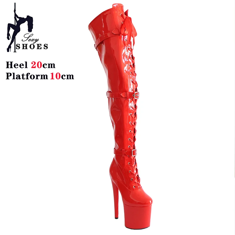 Women's Over-the-knee Boots 8inch/20CM High Heel Platform Exotic Pole Dancing Lace-Up Overknee Fetish Boots Size36-44 Black Shoe