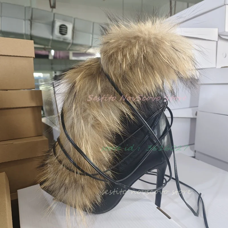 Pointed Toe Fur Mid Calf Boots Stiletto Heels Ankle Straps Fashion Warm Shoes In Winter Solid Plush Sexy Party Dress Shoes