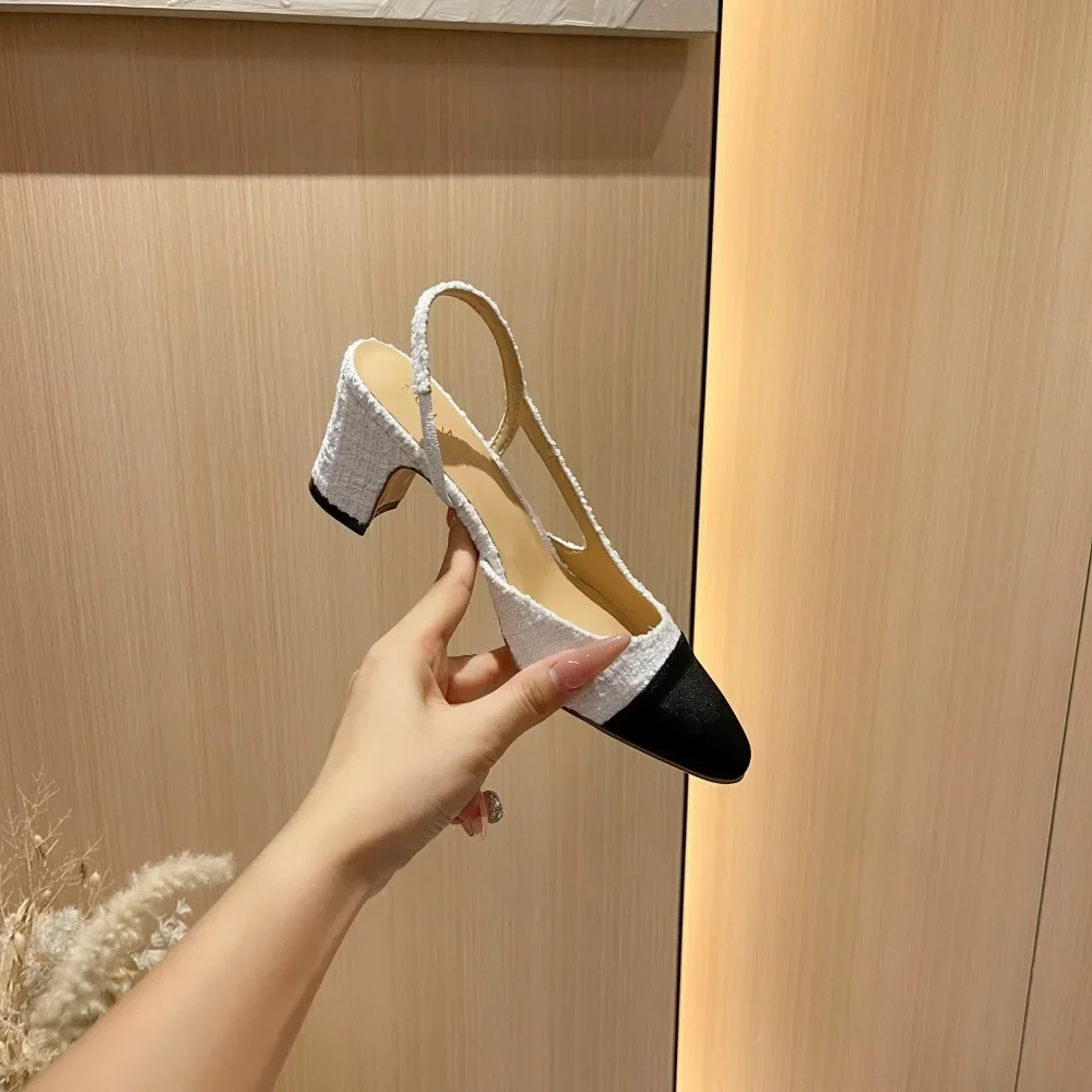 White French Style High Heels Sandals Women's Summer Mid Heel Genuine Leather Backless Color Block French Thick Heel Shoes