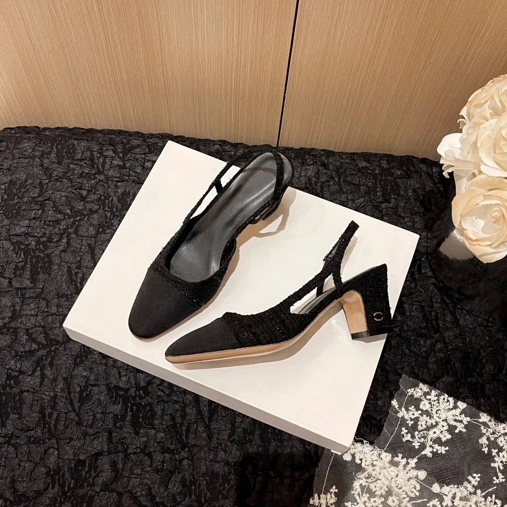 White French Style High Heels Sandals Women's Summer Mid Heel Genuine Leather Backless Color Block French Thick Heel Shoes