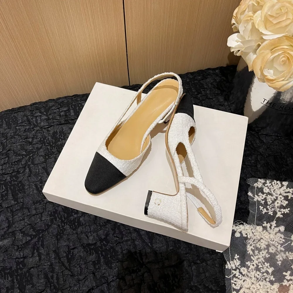 White French Style High Heels Sandals Women's Summer Mid Heel Genuine Leather Backless Color Block French Thick Heel Shoes