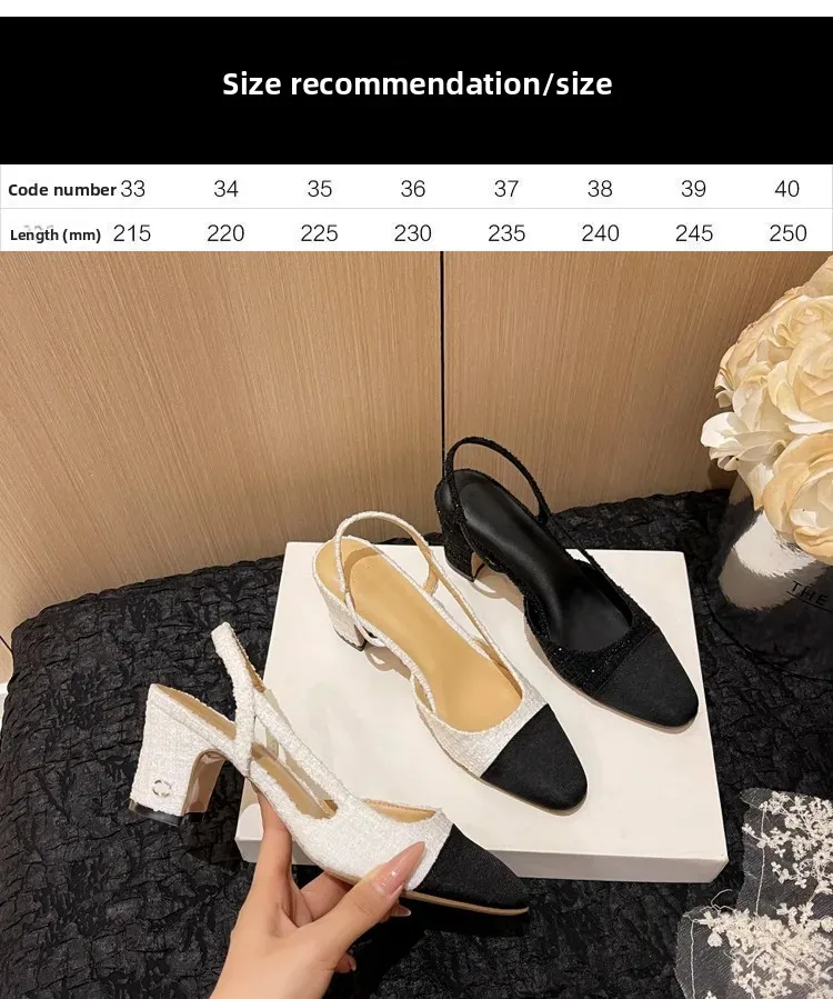 White French Style High Heels Sandals Women's Summer Mid Heel Genuine Leather Backless Color Block French Thick Heel Shoes