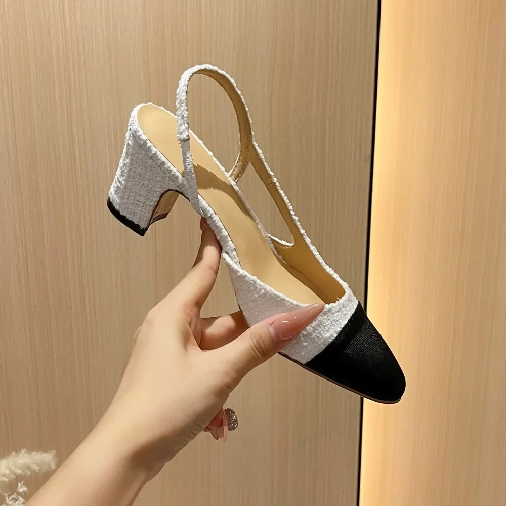 White French Style High Heels Sandals Women's Summer Mid Heel Genuine Leather Backless Color Block French Thick Heel Shoes