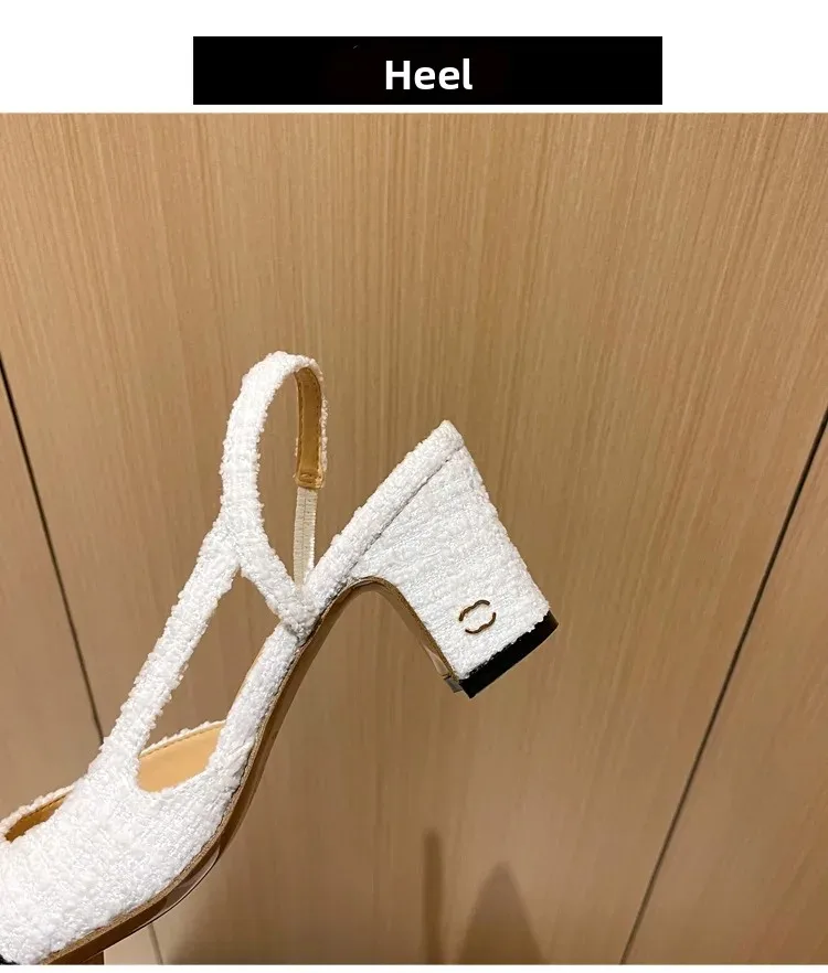 White French Style High Heels Sandals Women's Summer Mid Heel Genuine Leather Backless Color Block French Thick Heel Shoes