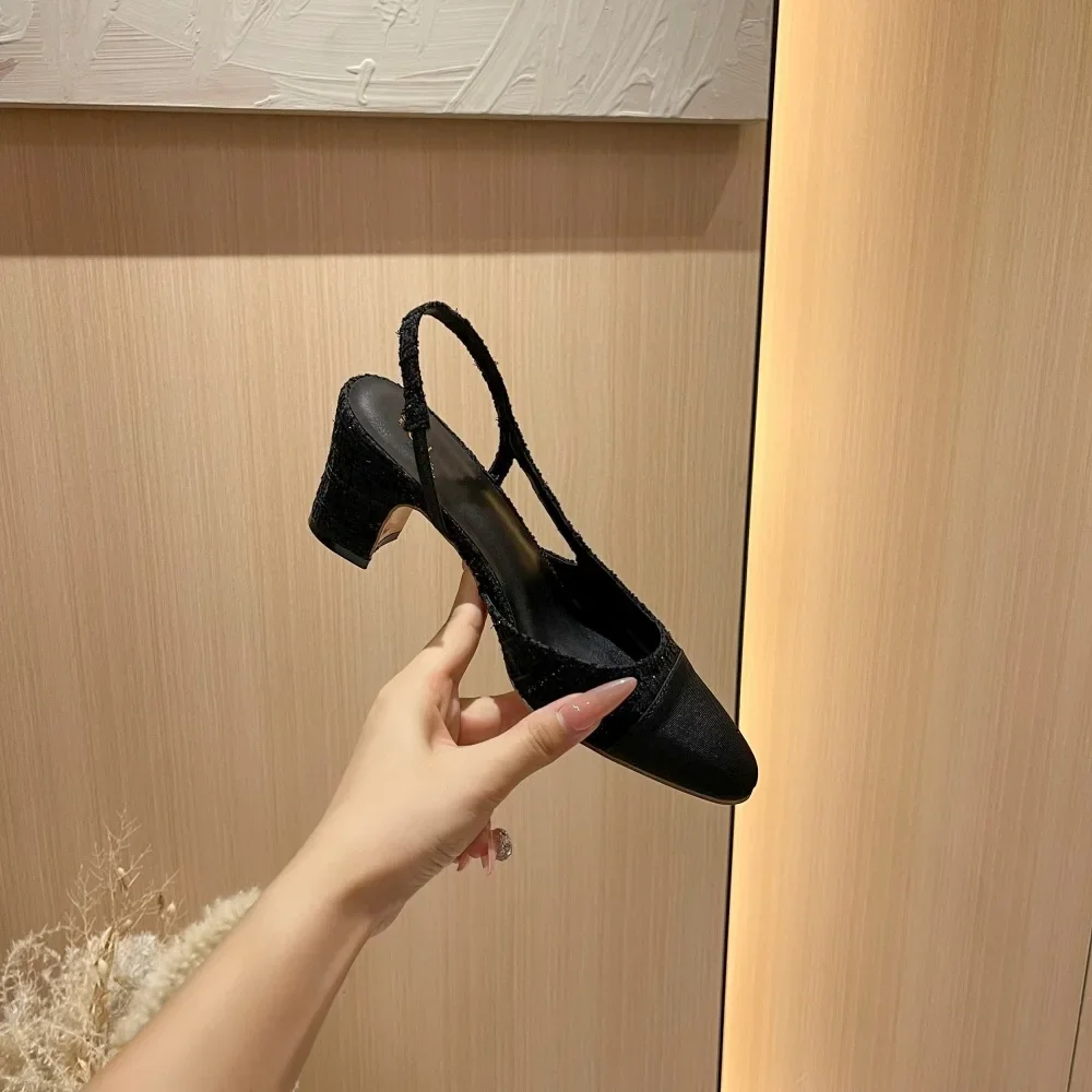 White French Style High Heels Sandals Women's Summer Mid Heel Genuine Leather Backless Color Block French Thick Heel Shoes