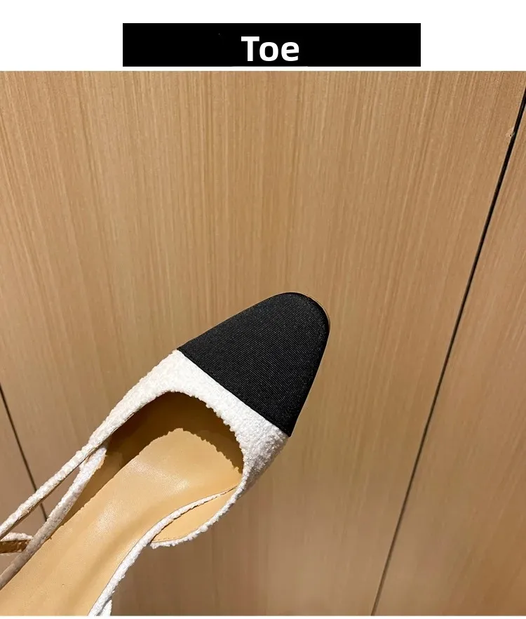 White French Style High Heels Sandals Women's Summer Mid Heel Genuine Leather Backless Color Block French Thick Heel Shoes