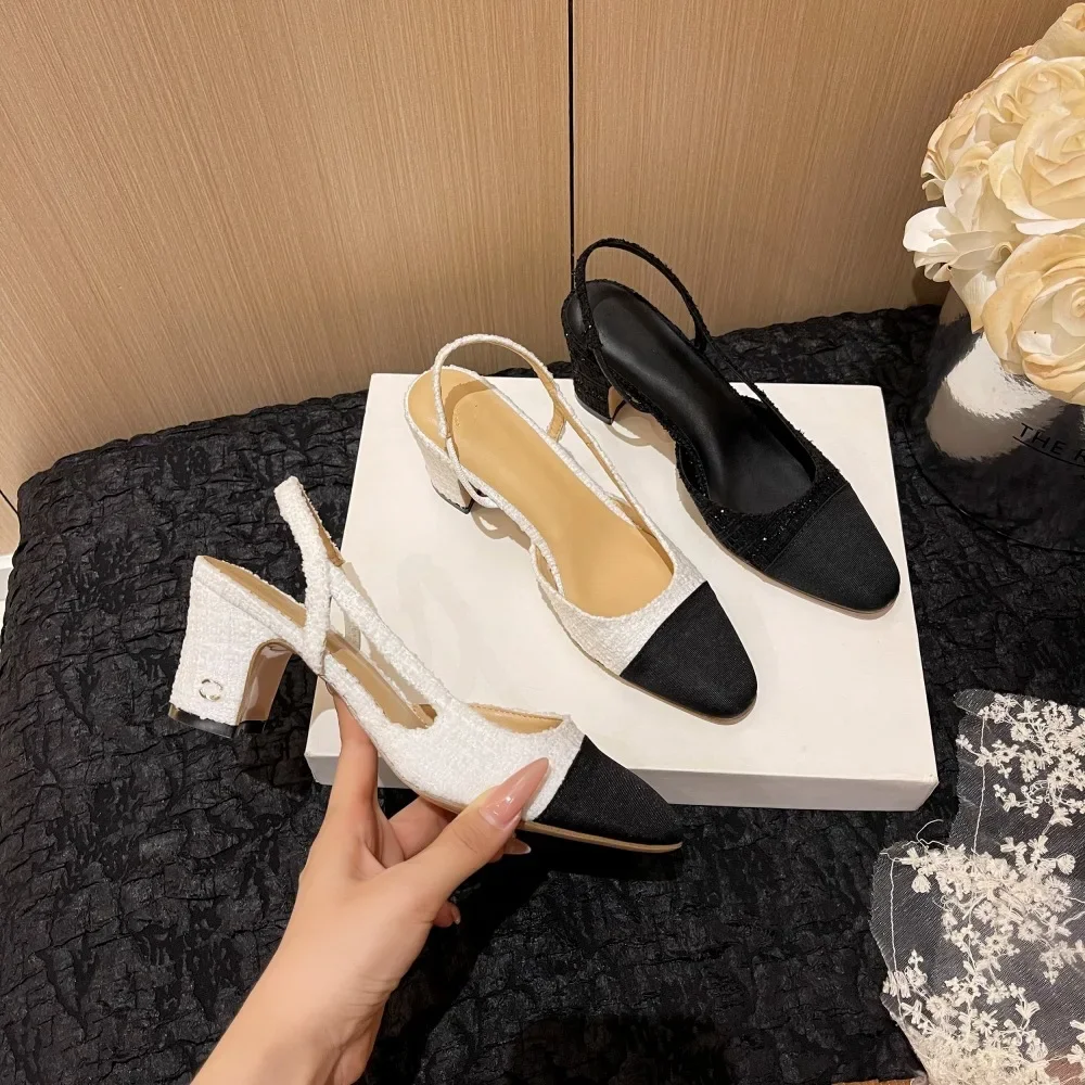 White French Style High Heels Sandals Women's Summer Mid Heel Genuine Leather Backless Color Block French Thick Heel Shoes