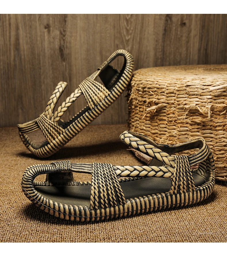 Summer Men's Straw Sandals Comfortable Flat Casual Flip-flop Shoes Men Wear-resistant Sandal for Men Outdoor Beach Shoes Size 47