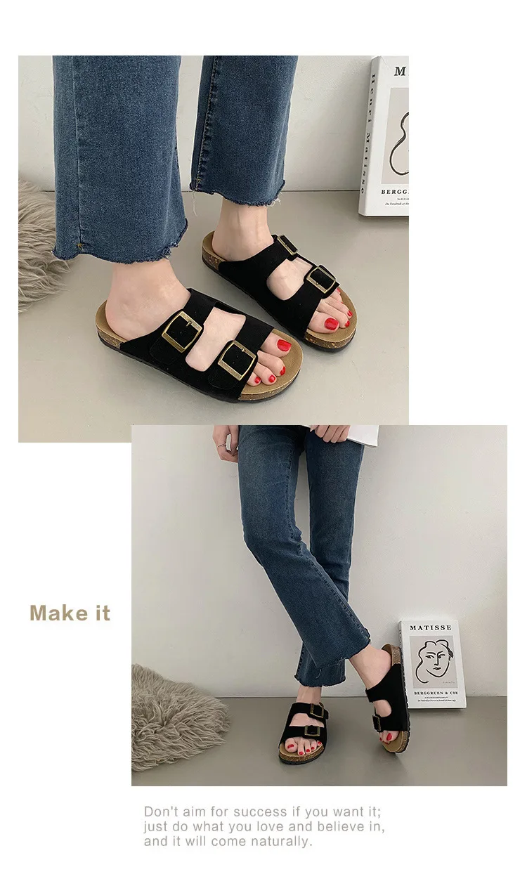 Eyriphy Fashion Leather Unisex Cork Footed Flat Slide Sandals with Arch Support, Men and Women's Double Buckle Memory Foam Slide