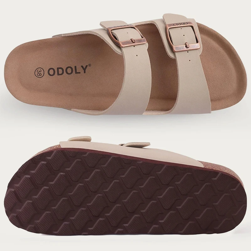 Eyriphy Fashion Leather Unisex Cork Footed Flat Slide Sandals with Arch Support, Men and Women's Double Buckle Memory Foam Slide