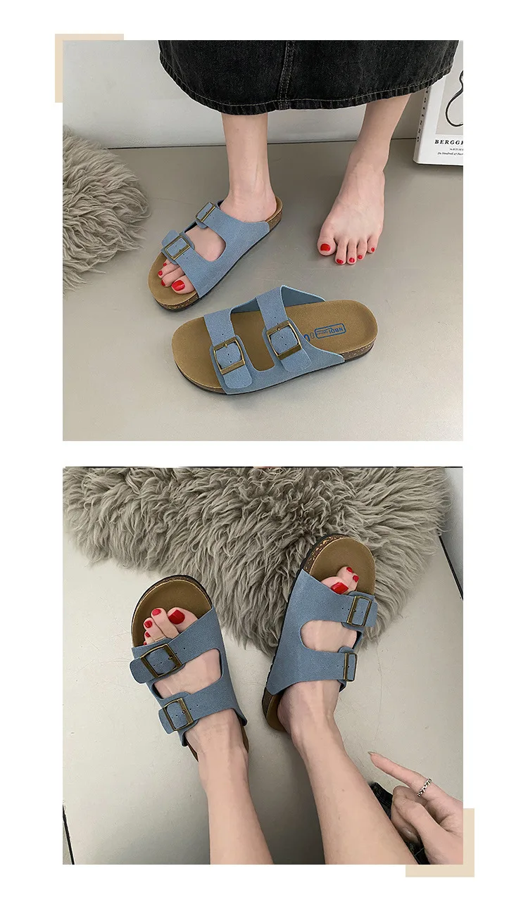 Eyriphy Fashion Leather Unisex Cork Footed Flat Slide Sandals with Arch Support, Men and Women's Double Buckle Memory Foam Slide