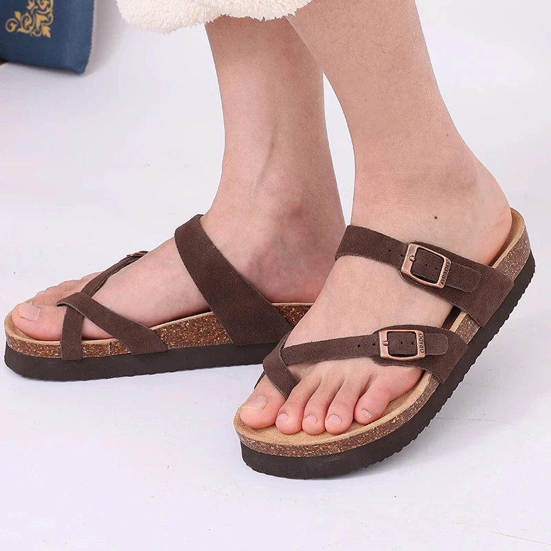 Eyriphy Fashion Leather Unisex Cork Footed Flat Slide Sandals with Arch Support, Men and Women's Double Buckle Memory Foam Slide