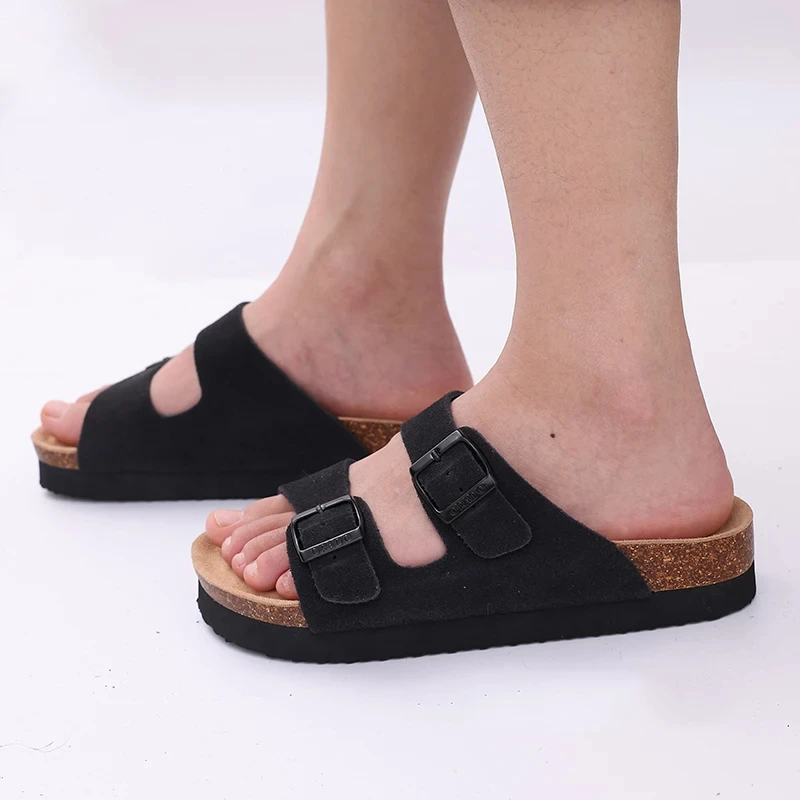 Eyriphy Fashion Leather Unisex Cork Footed Flat Slide Sandals with Arch Support, Men and Women's Double Buckle Memory Foam Slide