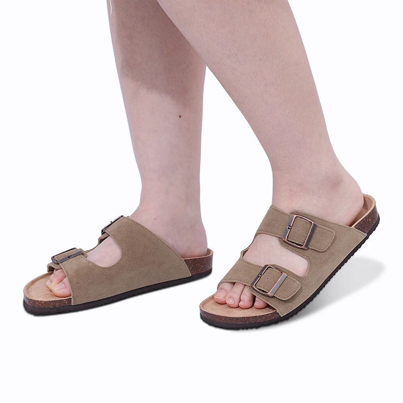 Eyriphy Fashion Leather Unisex Cork Footed Flat Slide Sandals with Arch Support, Men and Women's Double Buckle Memory Foam Slide