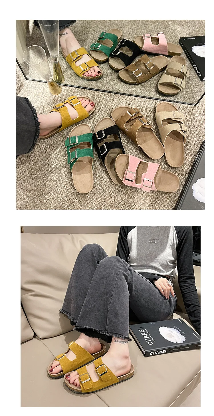 Eyriphy Fashion Leather Unisex Cork Footed Flat Slide Sandals with Arch Support, Men and Women's Double Buckle Memory Foam Slide