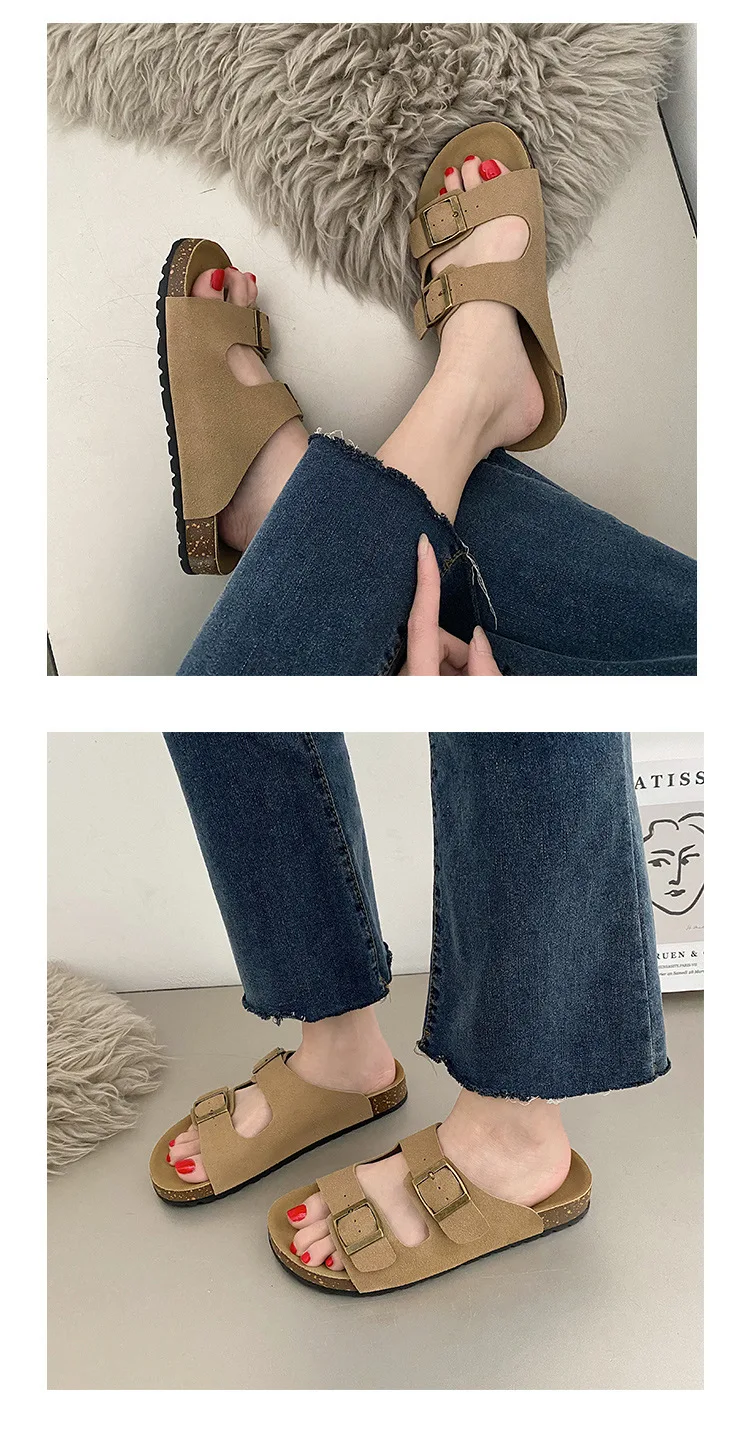 Eyriphy Fashion Leather Unisex Cork Footed Flat Slide Sandals with Arch Support, Men and Women's Double Buckle Memory Foam Slide