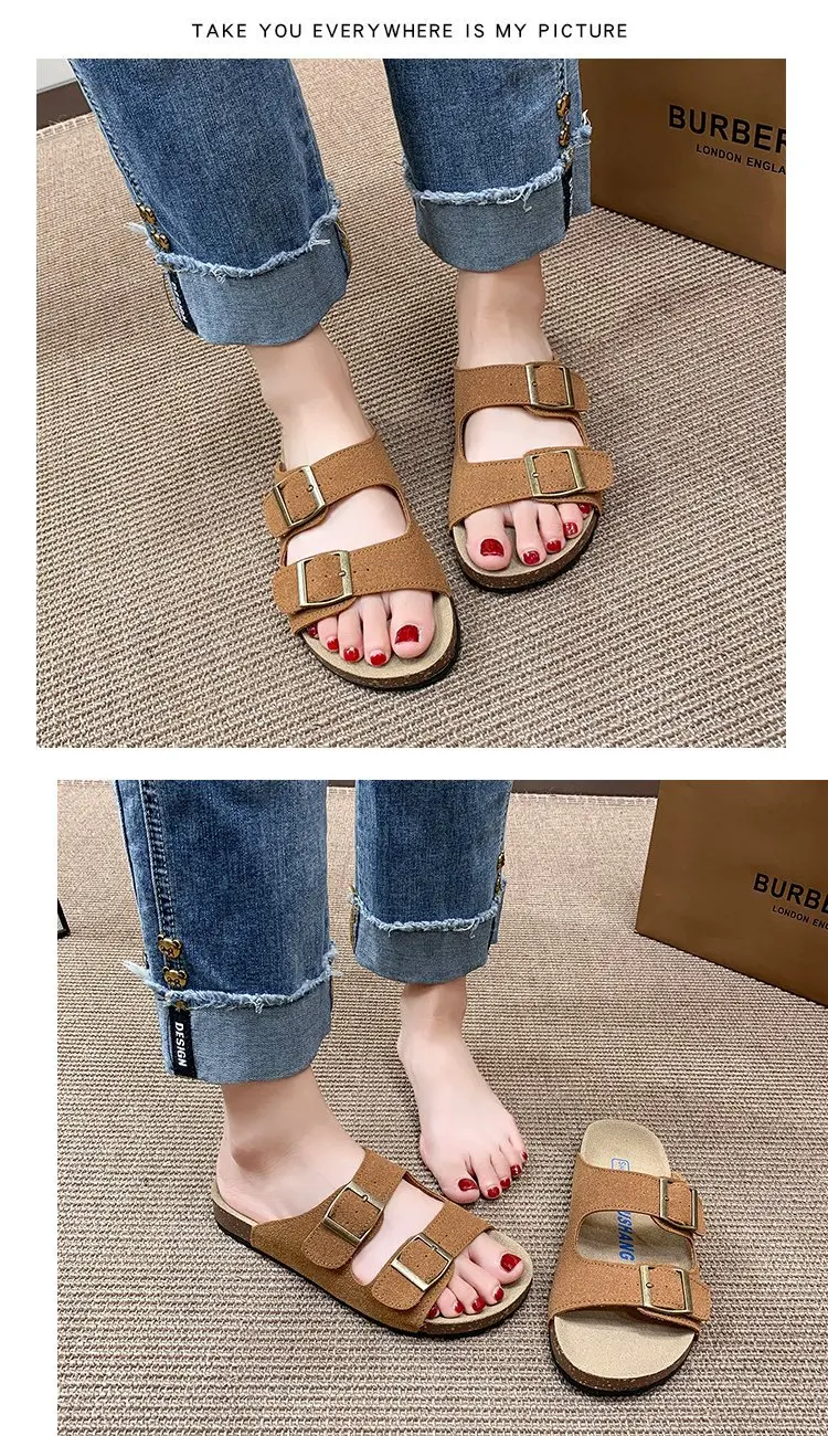 Eyriphy Fashion Leather Unisex Cork Footed Flat Slide Sandals with Arch Support, Men and Women's Double Buckle Memory Foam Slide