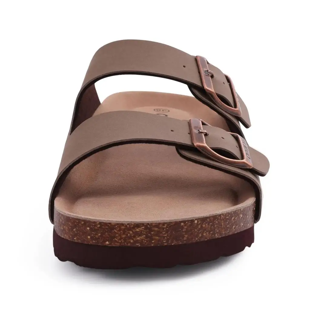 Eyriphy Fashion Leather Unisex Cork Footed Flat Slide Sandals with Arch Support, Men and Women's Double Buckle Memory Foam Slide
