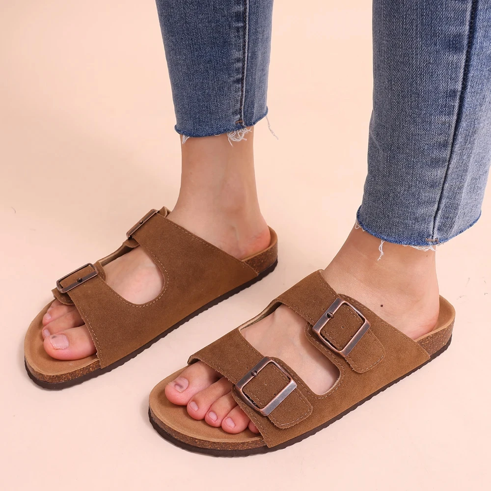 Eyriphy Fashion Leather Unisex Cork Footed Flat Slide Sandals with Arch Support, Men and Women's Double Buckle Memory Foam Slide