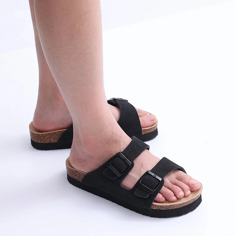 Eyriphy Fashion Leather Unisex Cork Footed Flat Slide Sandals with Arch Support, Men and Women's Double Buckle Memory Foam Slide
