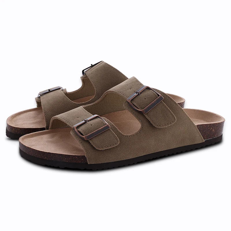 Eyriphy Fashion Leather Unisex Cork Footed Flat Slide Sandals with Arch Support, Men and Women's Double Buckle Memory Foam Slide