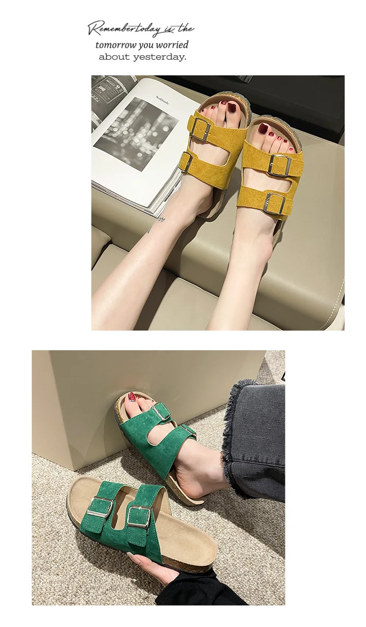 Eyriphy Fashion Leather Unisex Cork Footed Flat Slide Sandals with Arch Support, Men and Women's Double Buckle Memory Foam Slide