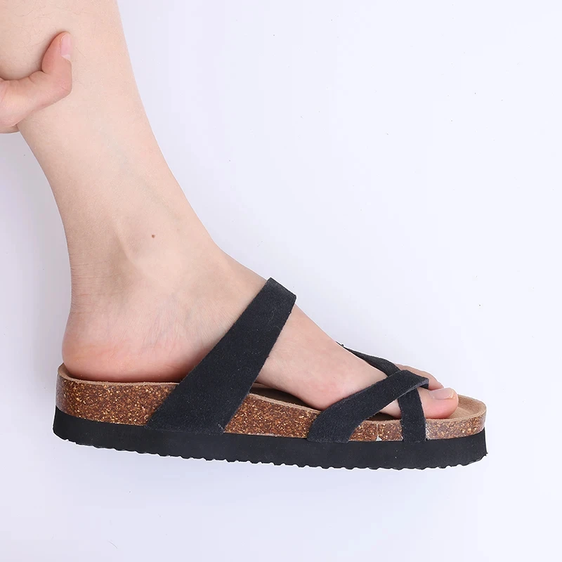 Eyriphy Fashion Leather Unisex Cork Footed Flat Slide Sandals with Arch Support, Men and Women's Double Buckle Memory Foam Slide