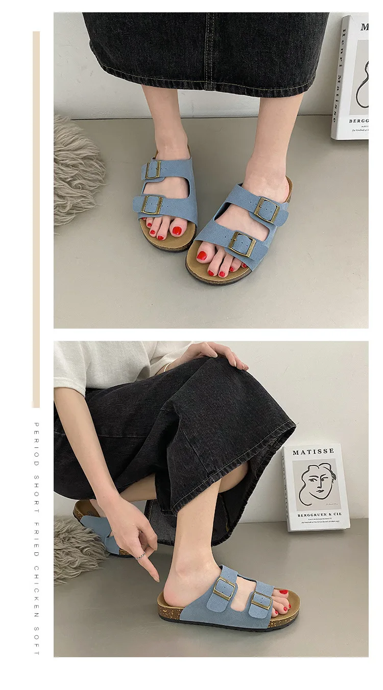 Eyriphy Fashion Leather Unisex Cork Footed Flat Slide Sandals with Arch Support, Men and Women's Double Buckle Memory Foam Slide