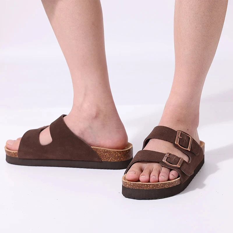 Eyriphy Fashion Leather Unisex Cork Footed Flat Slide Sandals with Arch Support, Men and Women's Double Buckle Memory Foam Slide